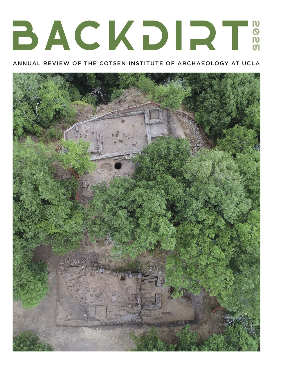 Backdirt 2025 in bold green text above an aerial image of a lush green, wooded landscape surrounding an archaeological site